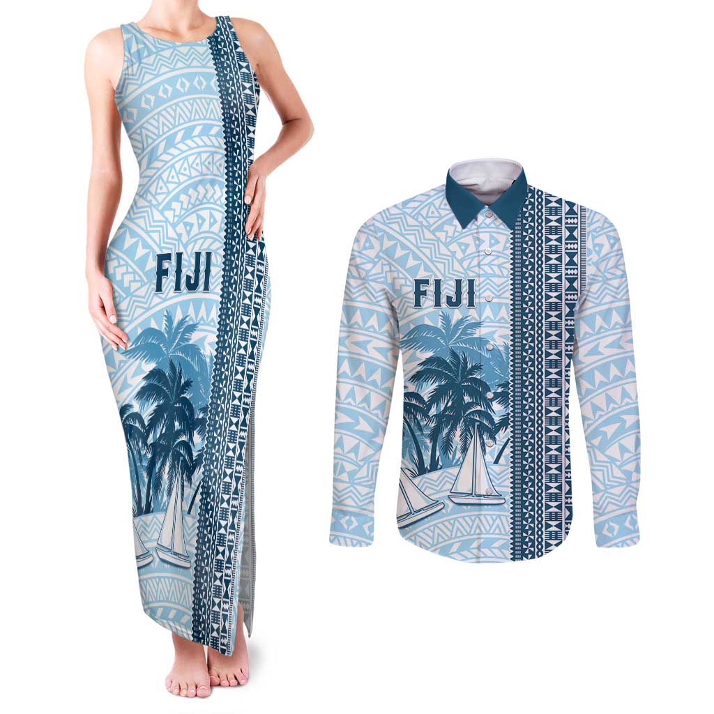 Custom Fiji Regatta Couples Matching Tank Maxi Dress and Long Sleeve Button Shirt Palm Tree Tapa Pattern - Polynesian Pride