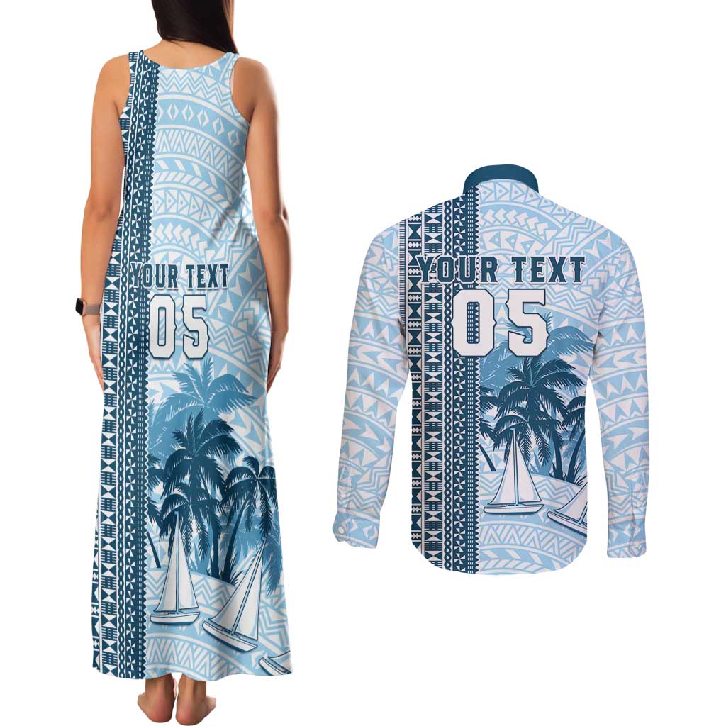 Custom Fiji Regatta Couples Matching Tank Maxi Dress and Long Sleeve Button Shirt Palm Tree Tapa Pattern - Polynesian Pride