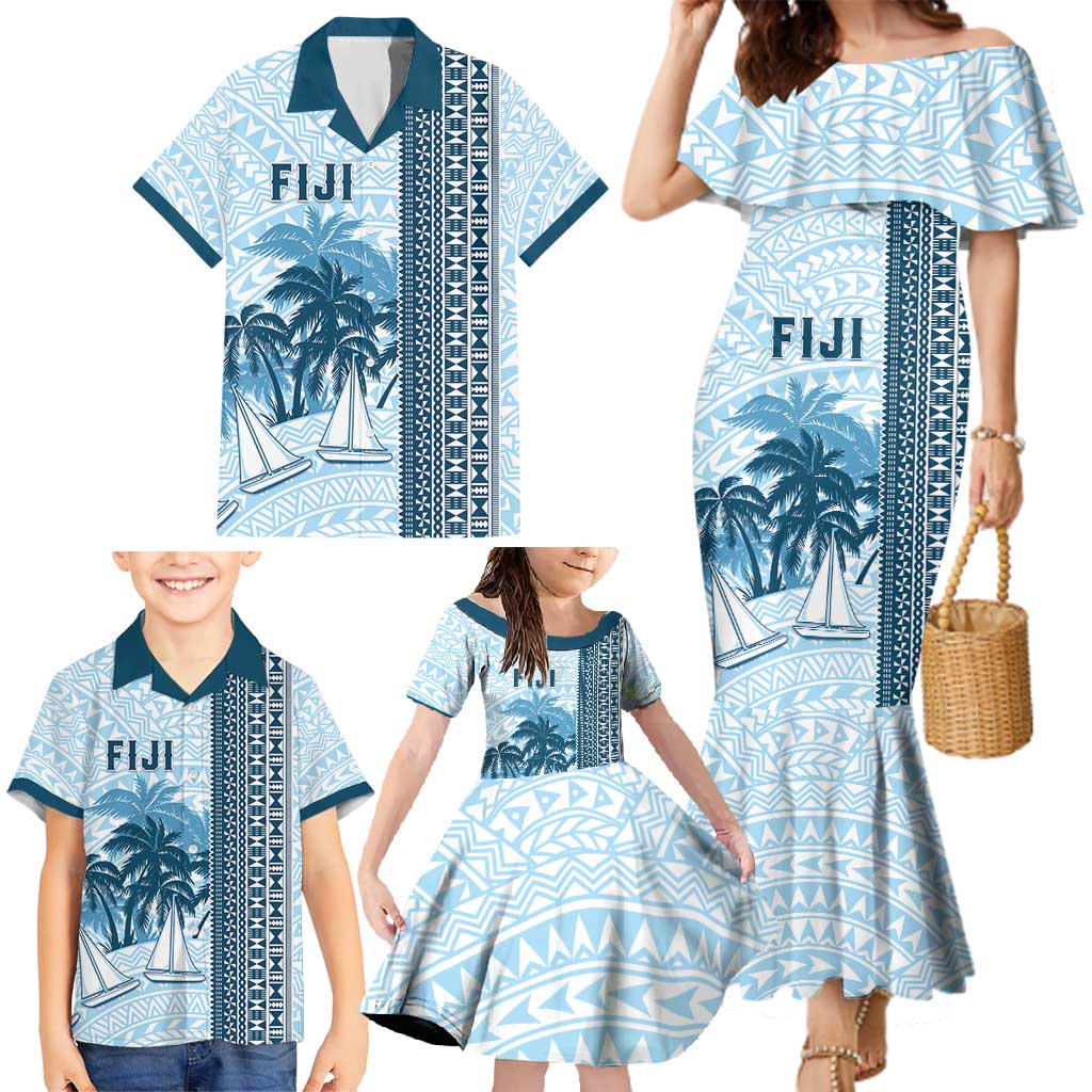 Custom Fiji Regatta Family Matching Mermaid Dress and Hawaiian Shirt Palm Tree Tapa Pattern - Polynesian Pride
