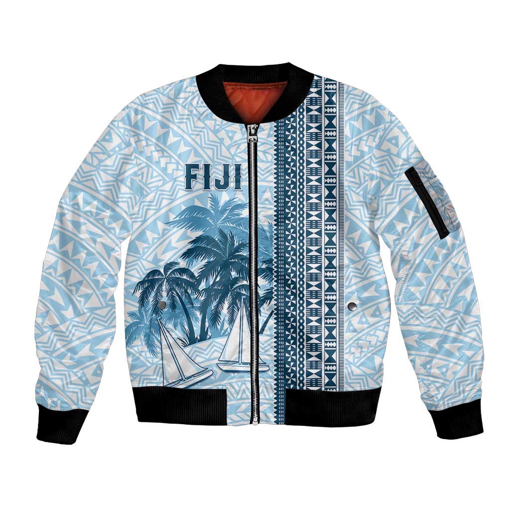 Custom Fiji Regatta Sleeve Zip Bomber Jacket Palm Tree Tapa Pattern - Polynesian Pride