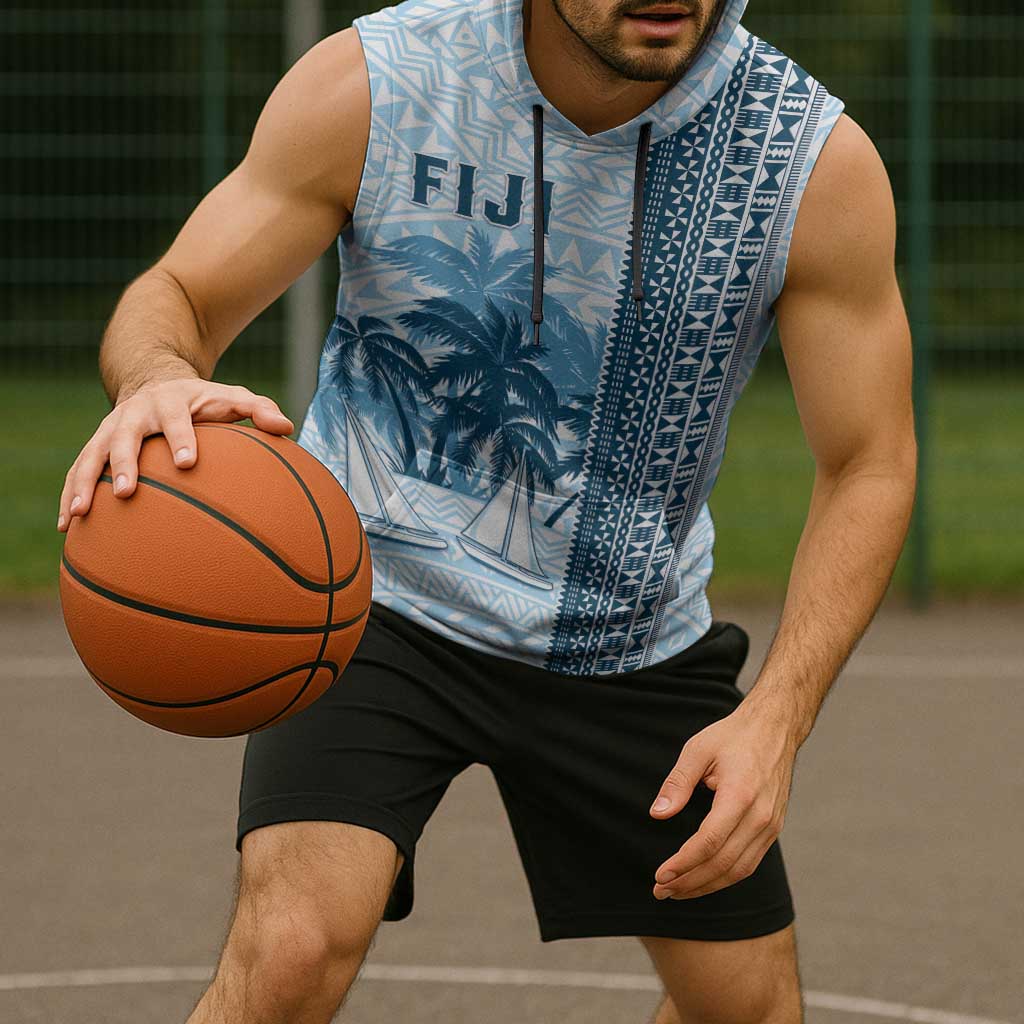 Custom Fiji Regatta Sleeveless Hoodie Palm Tree Tapa Pattern - Polynesian Pride