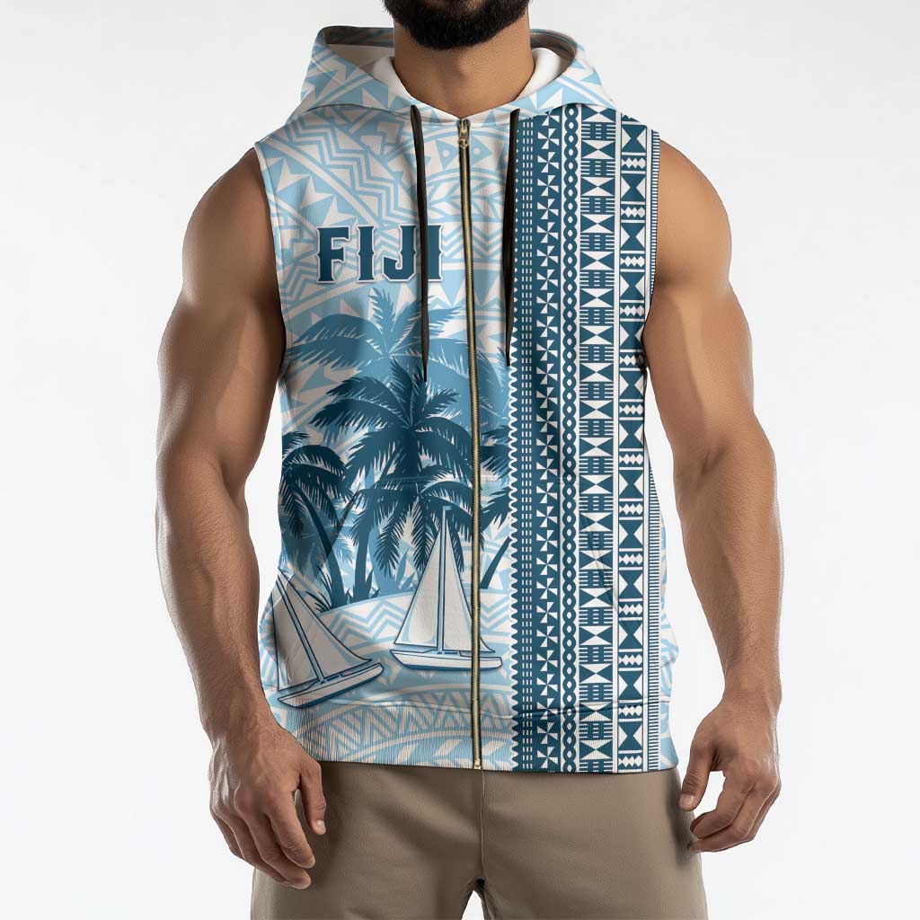 Custom Fiji Regatta Sleeveless Zip Hoodie Palm Tree Tapa Pattern - Polynesian Pride