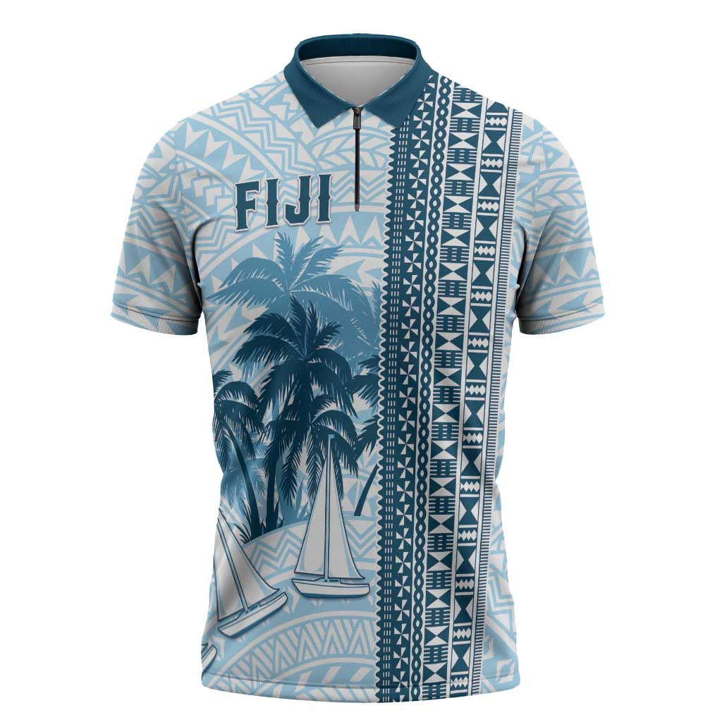Custom Fiji Regatta Zipper Polo Shirt Palm Tree Tapa Pattern - Polynesian Pride