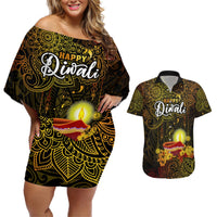 happy-diwali-festival-couples-matching-off-shoulder-short-dress-and-hawaiian-shirt-diya-lamp-hibiscus-polynesian-pattern