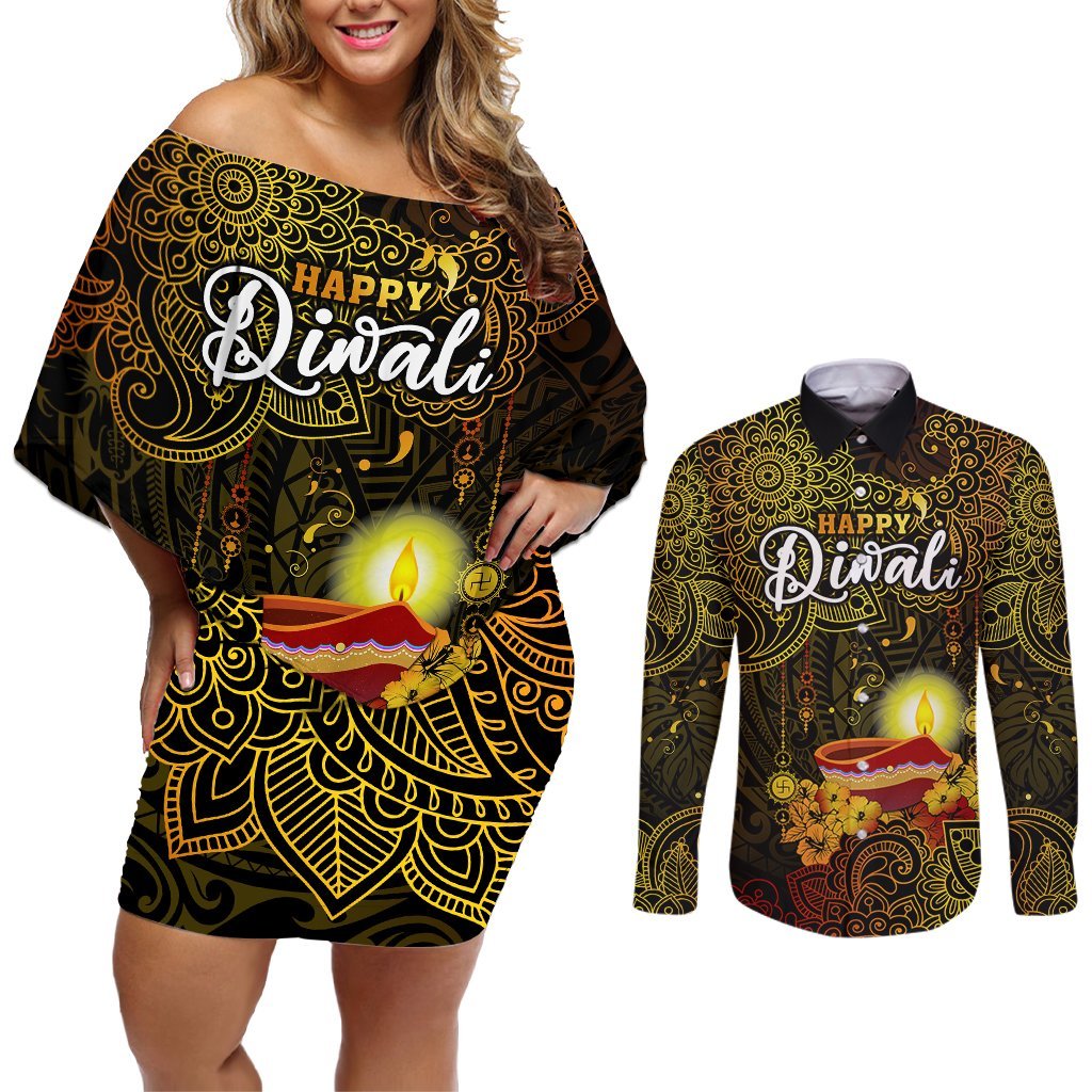 Happy Diwali Festival Couples Matching Off Shoulder Short Dress and Long Sleeve Button Shirts Diya Lamp Hibiscus Polynesian Pattern LT05 Yellow - Polynesian Pride