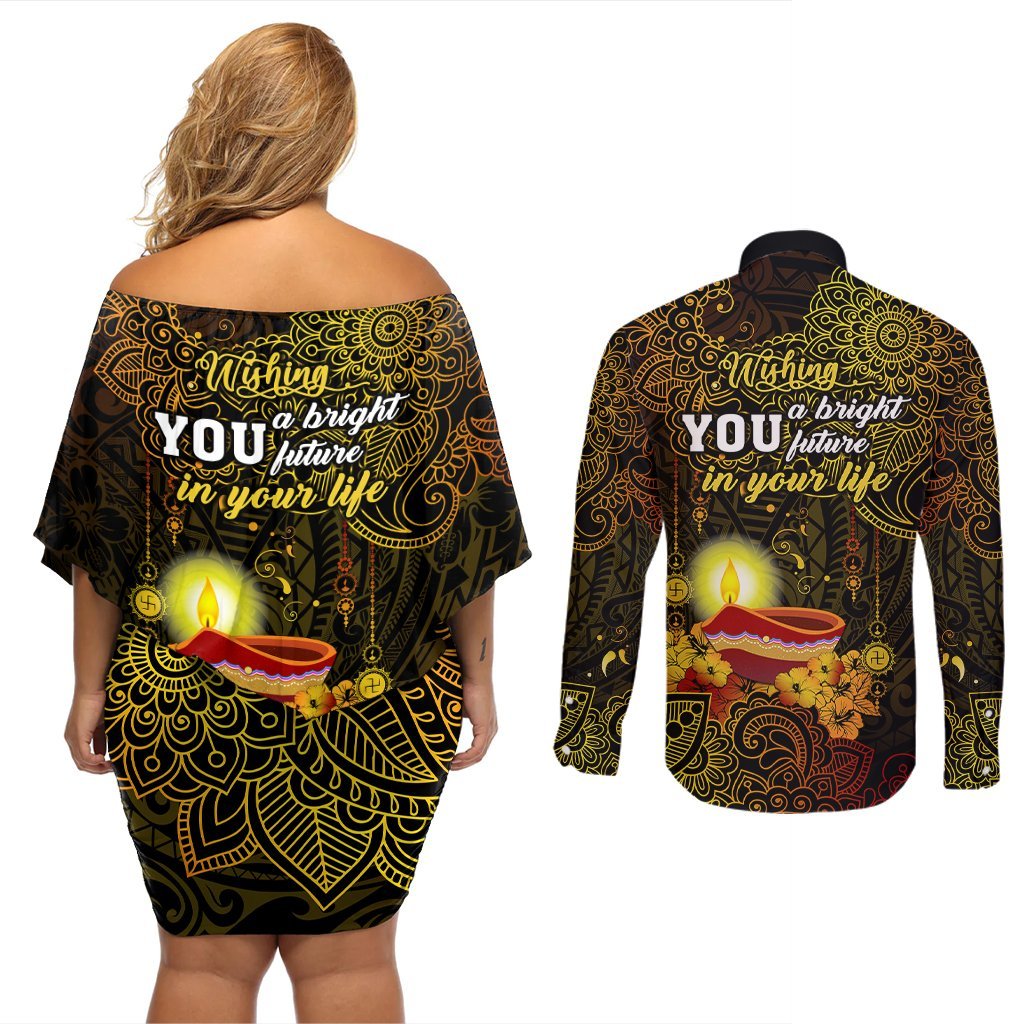 Happy Diwali Festival Couples Matching Off Shoulder Short Dress and Long Sleeve Button Shirts Diya Lamp Hibiscus Polynesian Pattern LT05 - Polynesian Pride