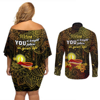 Happy Diwali Festival Couples Matching Off Shoulder Short Dress and Long Sleeve Button Shirts Diya Lamp Hibiscus Polynesian Pattern LT05 - Polynesian Pride