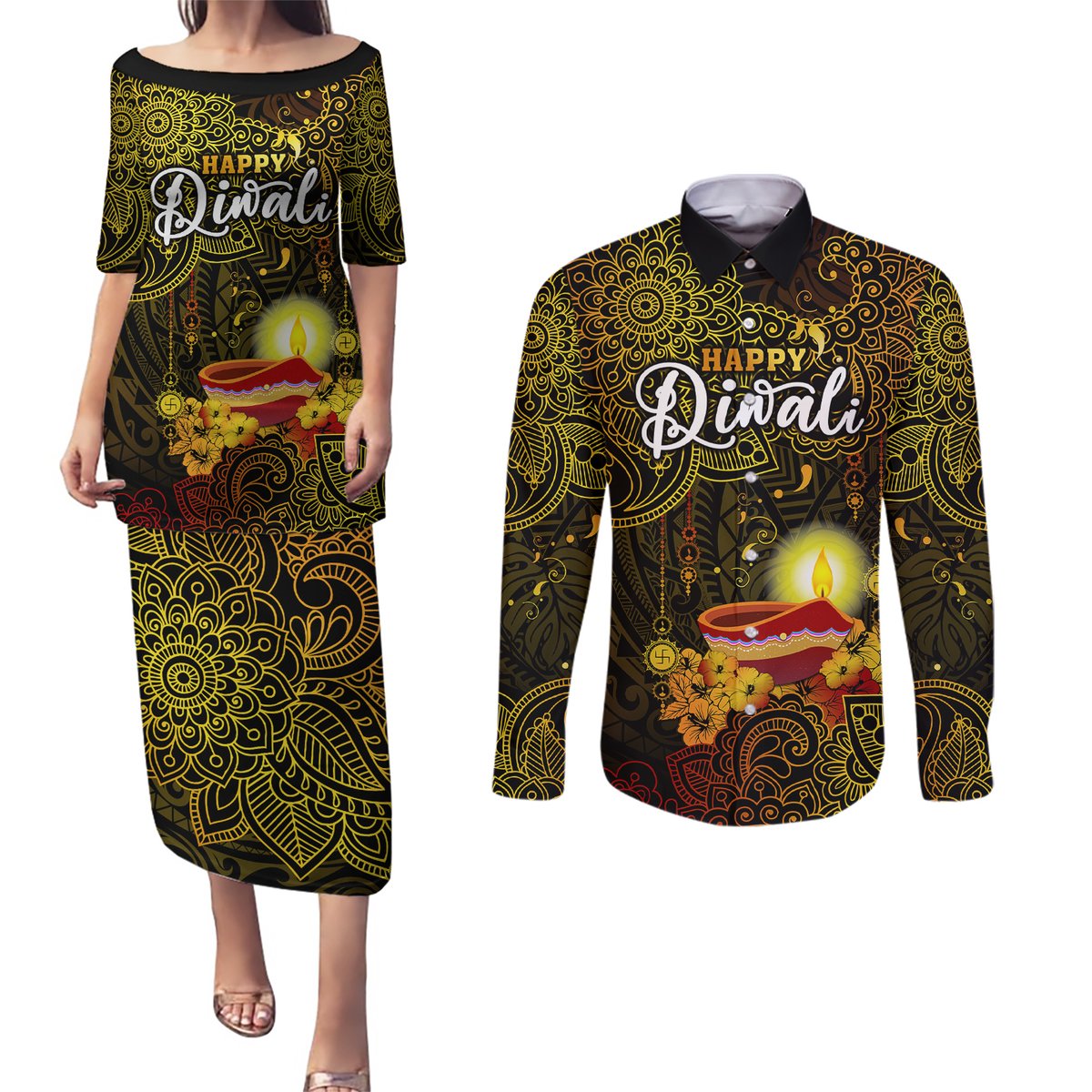 happy-diwali-festival-couples-matching-puletasi-dress-and-long-sleeve-button-shirts-diya-lamp-hibiscus-polynesian-pattern
