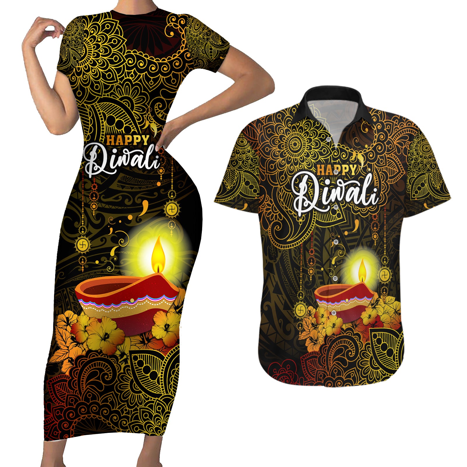 happy-diwali-festival-couples-matching-short-sleeve-bodycon-dress-and-hawaiian-shirt-diya-lamp-hibiscus-polynesian-pattern