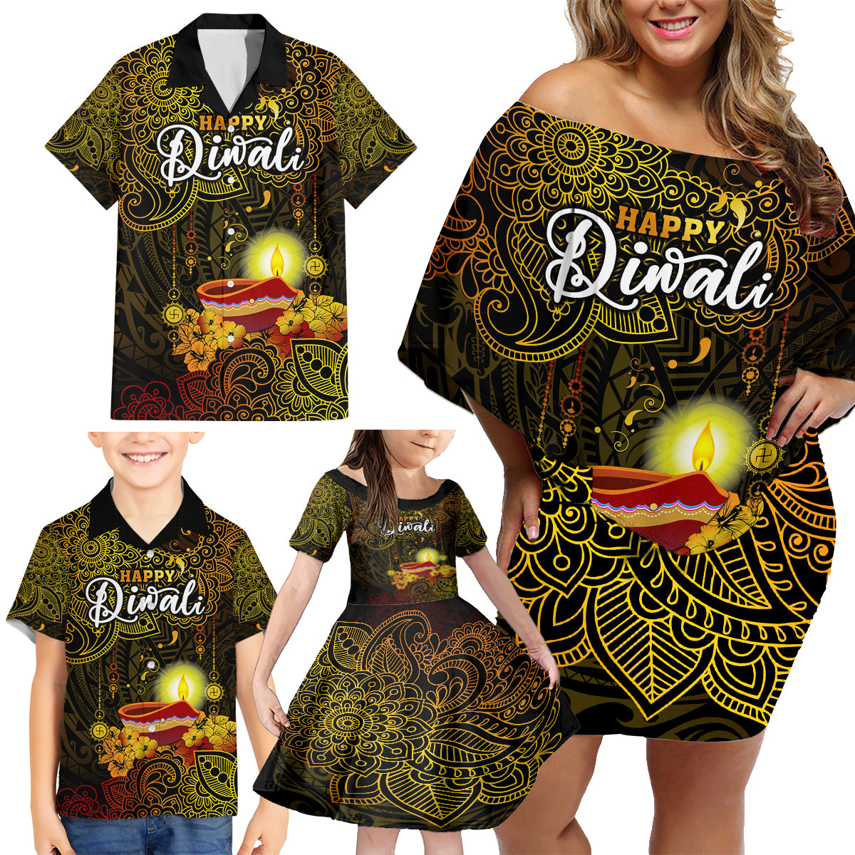 happy-diwali-festival-family-matching-off-shoulder-short-dress-and-hawaiian-shirt-diya-lamp-hibiscus-polynesian-pattern