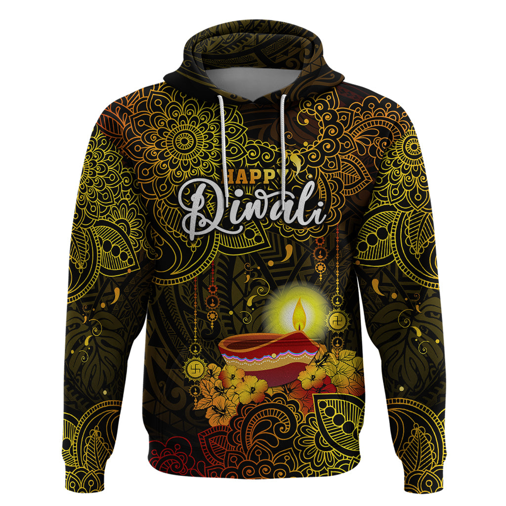 Happy Diwali Festival Hoodie Diya Lamp Hibiscus Polynesian Pattern LT05 Pullover Hoodie Yellow - Polynesian Pride