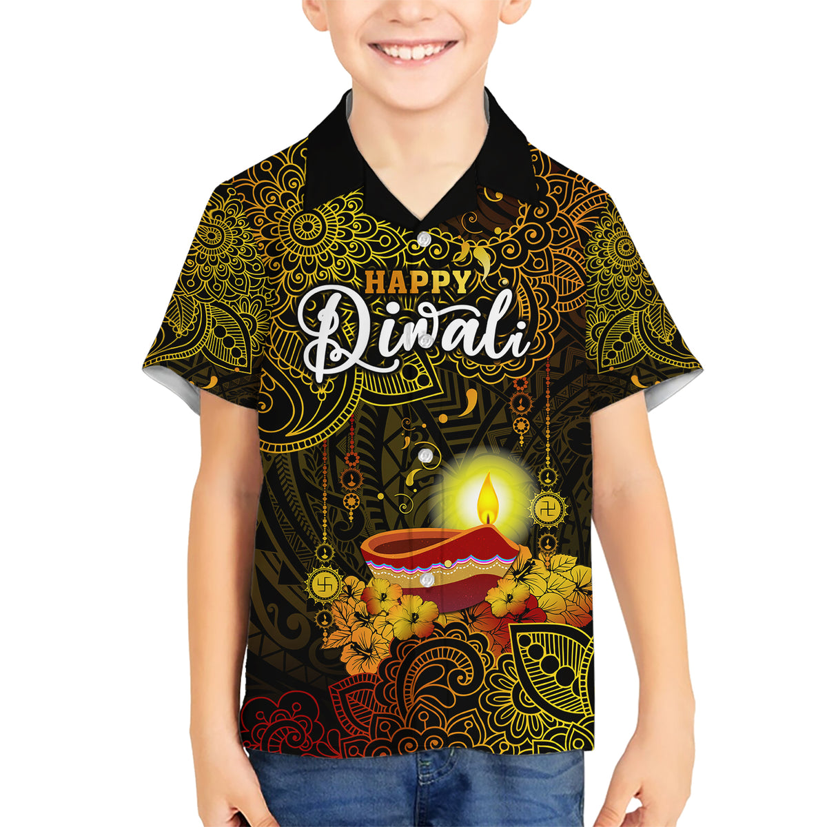 happy-diwali-festival-kid-hawaiian-shirt-diya-lamp-hibiscus-polynesian-pattern