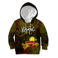 Happy Diwali Festival Kid Hoodie Diya Lamp Hibiscus Polynesian Pattern LT05 Yellow - Polynesian Pride
