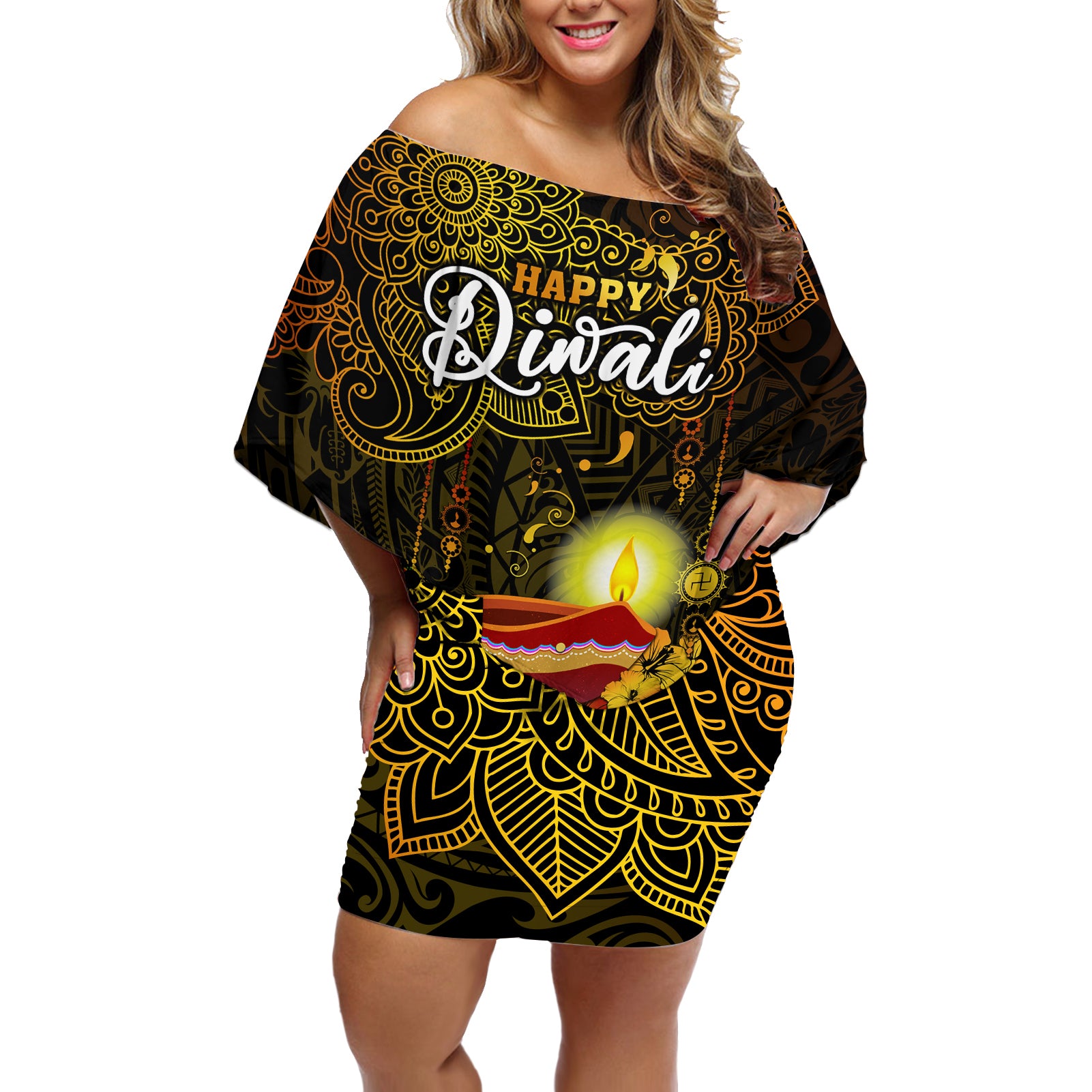 happy-diwali-festival-off-shoulder-short-dress-diya-lamp-hibiscus-polynesian-pattern