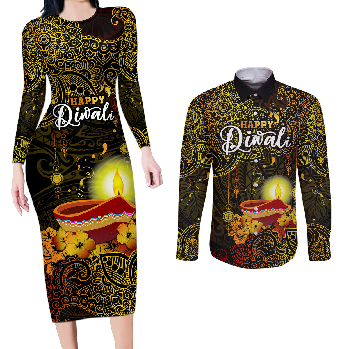 Personalized Happy Diwali Festival Couples Matching Long Sleeve Bodycon Dress and Long Sleeve Button Shirts Diya Lamp Hibiscus Polynesian Pattern LT05 Yellow - Polynesian Pride