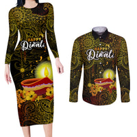 Personalized Happy Diwali Festival Couples Matching Long Sleeve Bodycon Dress and Long Sleeve Button Shirts Diya Lamp Hibiscus Polynesian Pattern LT05 Yellow - Polynesian Pride