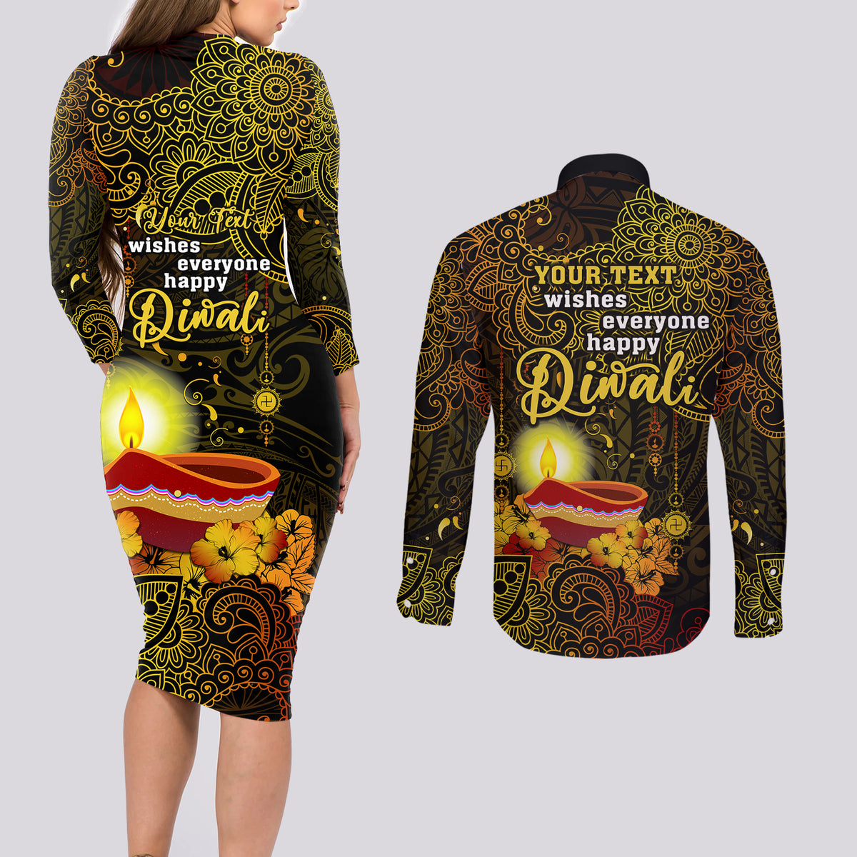 Personalized Happy Diwali Festival Couples Matching Long Sleeve Bodycon Dress and Long Sleeve Button Shirts Diya Lamp Hibiscus Polynesian Pattern LT05 - Polynesian Pride