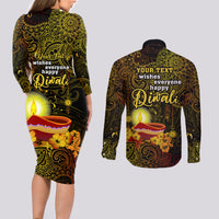Personalized Happy Diwali Festival Couples Matching Long Sleeve Bodycon Dress and Long Sleeve Button Shirts Diya Lamp Hibiscus Polynesian Pattern LT05 - Polynesian Pride