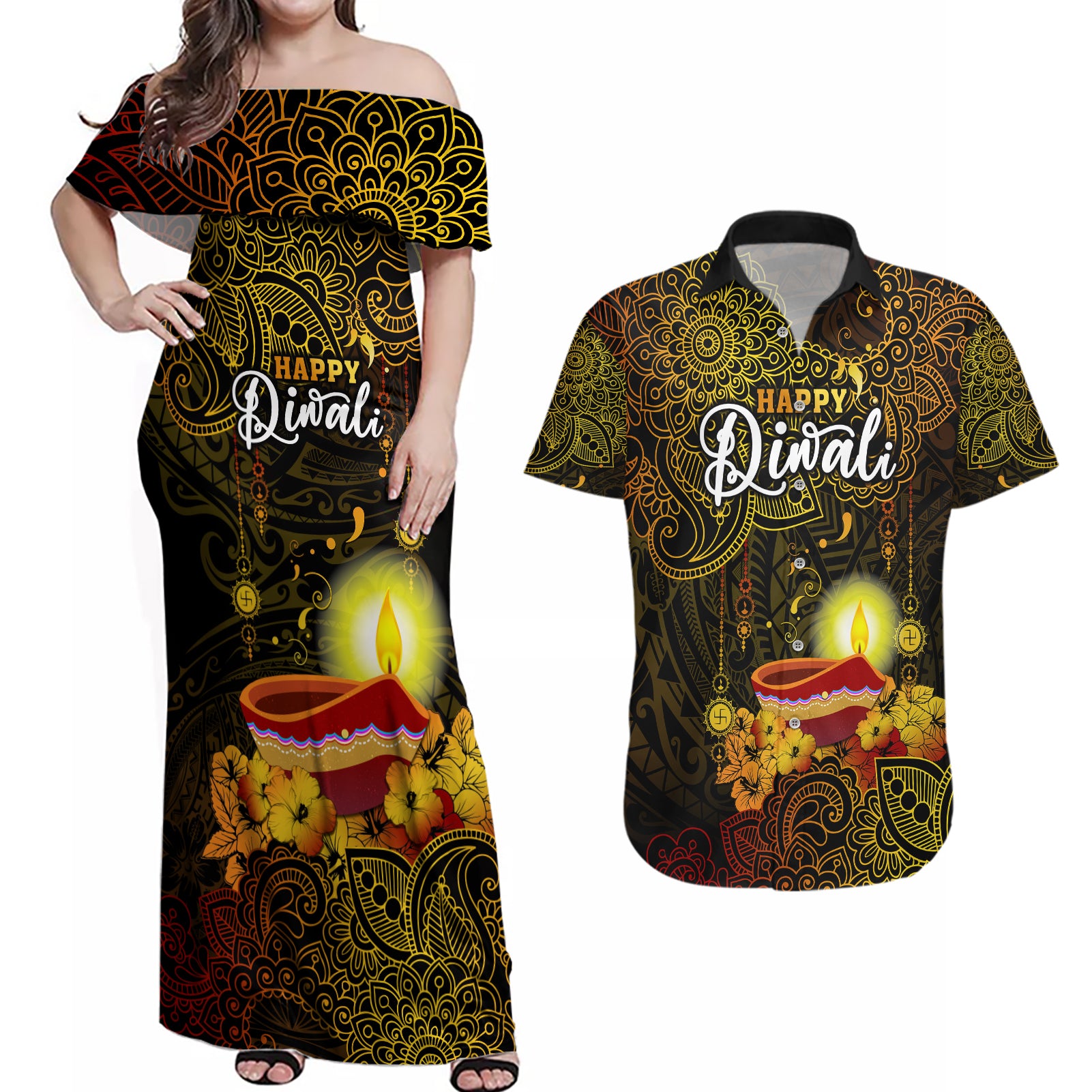 personalized-happy-diwali-festival-couples-matching-off-shoulder-maxi-dress-and-hawaiian-shirt-diya-lamp-hibiscus-polynesian-pattern