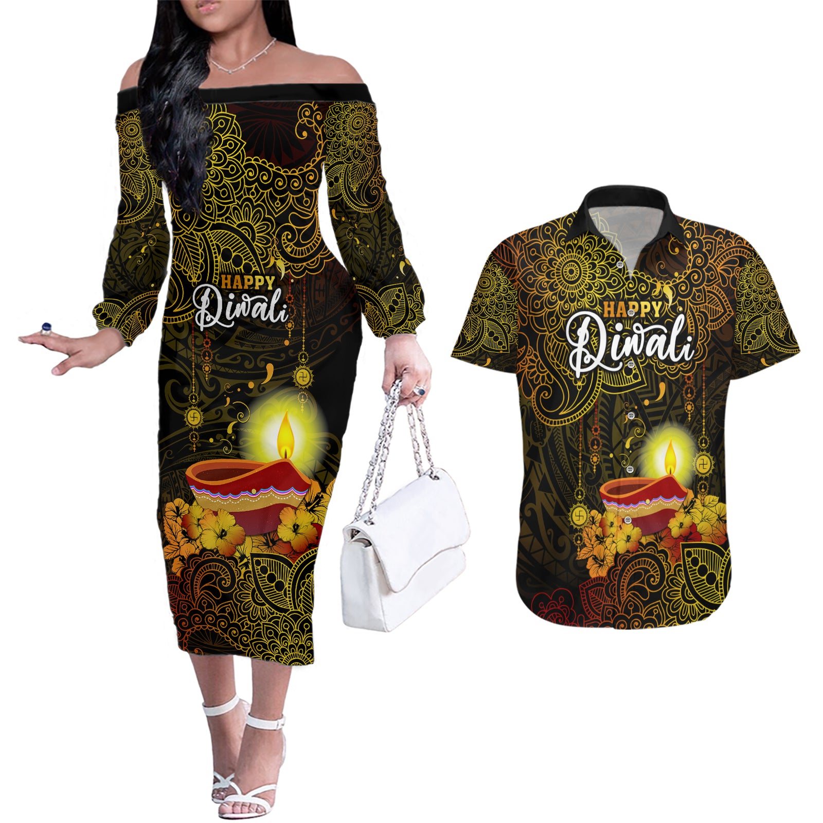 personalized-happy-diwali-festival-couples-matching-off-the-shoulder-long-sleeve-dress-and-hawaiian-shirt-diya-lamp-hibiscus-polynesian-pattern