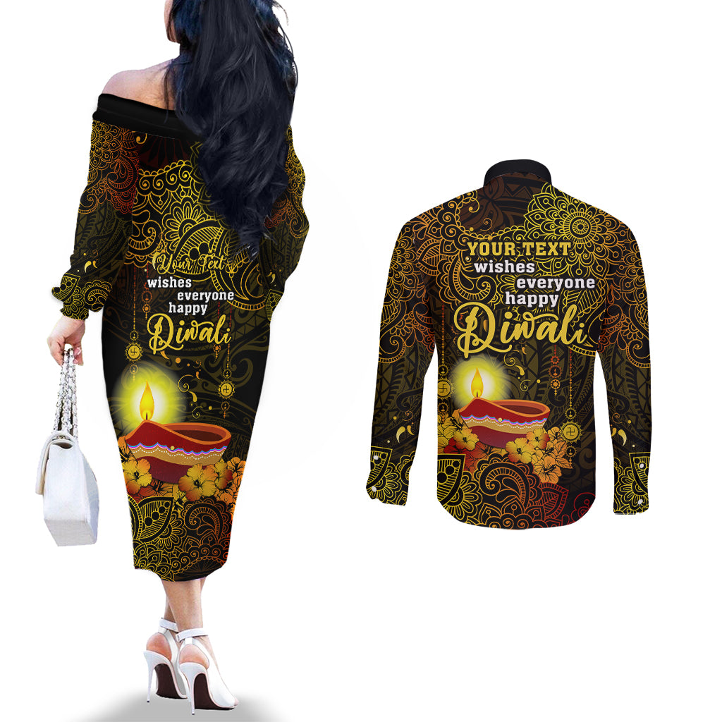 personalized-happy-diwali-festival-couples-matching-off-the-shoulder-long-sleeve-dress-and-long-sleeve-button-shirts-diya-lamp-hibiscus-polynesian-pattern