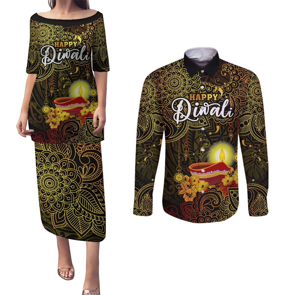 Personalized Happy Diwali Festival Couples Matching Puletasi Dress and Long Sleeve Button Shirts Diya Lamp Hibiscus Polynesian Pattern LT05 Yellow - Polynesian Pride