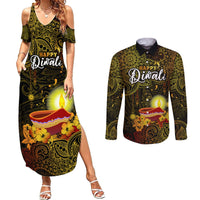 personalized-happy-diwali-festival-couples-matching-summer-maxi-dress-and-long-sleeve-button-shirts-diya-lamp-hibiscus-polynesian-pattern