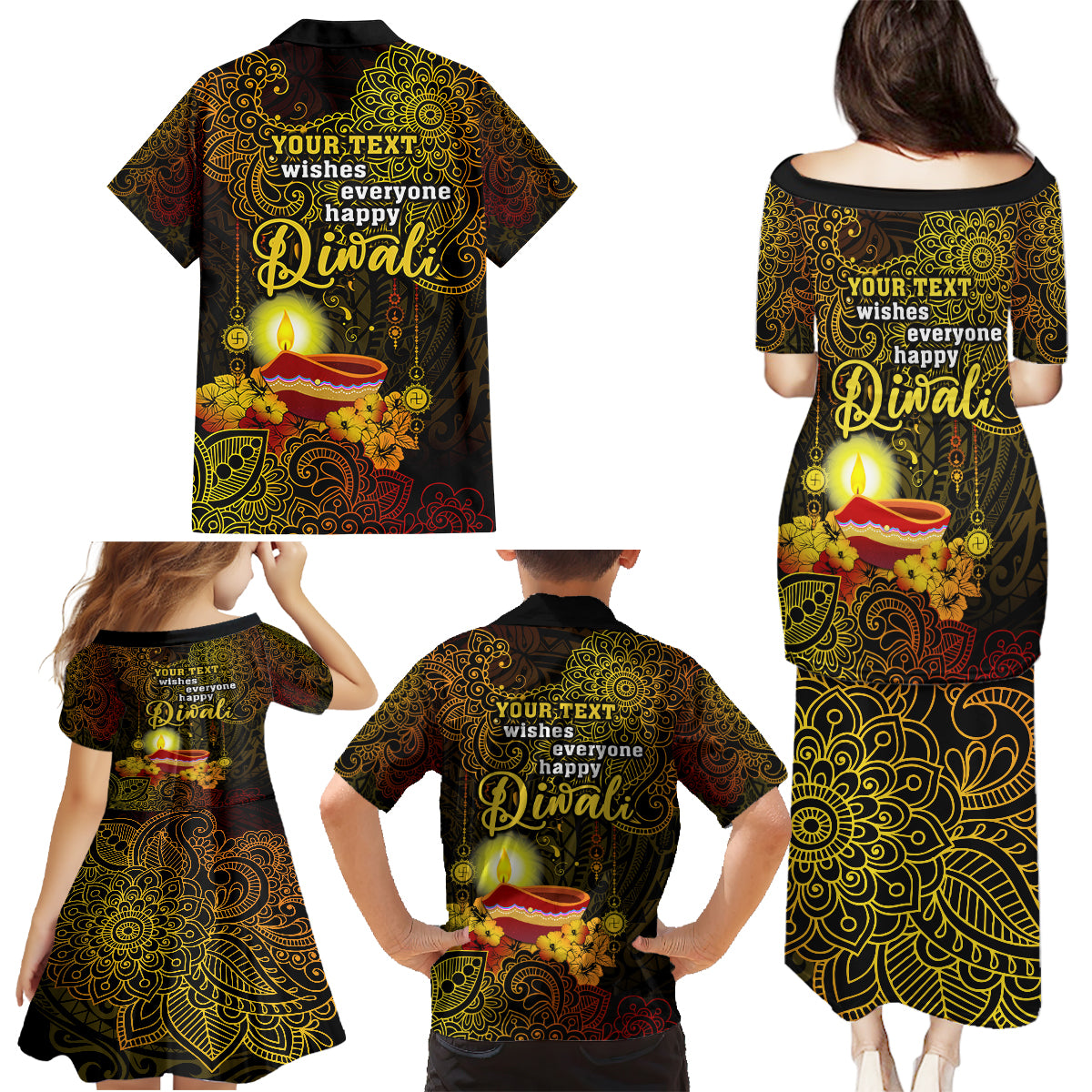 Personalized Happy Diwali Festival Family Matching Puletasi Dress and Hawaiian Shirt Diya Lamp Hibiscus Polynesian Pattern LT05 - Polynesian Pride