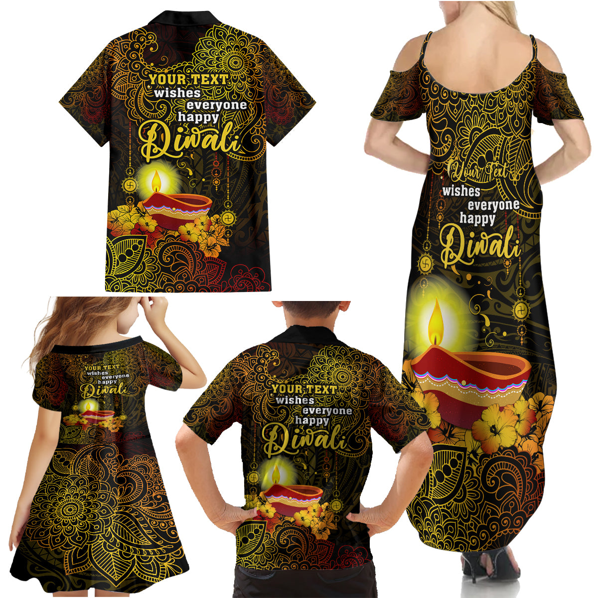 Personalized Happy Diwali Festival Family Matching Summer Maxi Dress and Hawaiian Shirt Diya Lamp Hibiscus Polynesian Pattern LT05 - Polynesian Pride