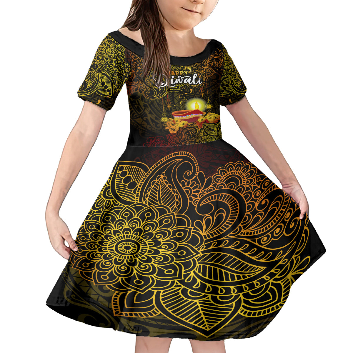personalized-happy-diwali-festival-kid-short-sleeve-dress-diya-lamp-hibiscus-polynesian-pattern