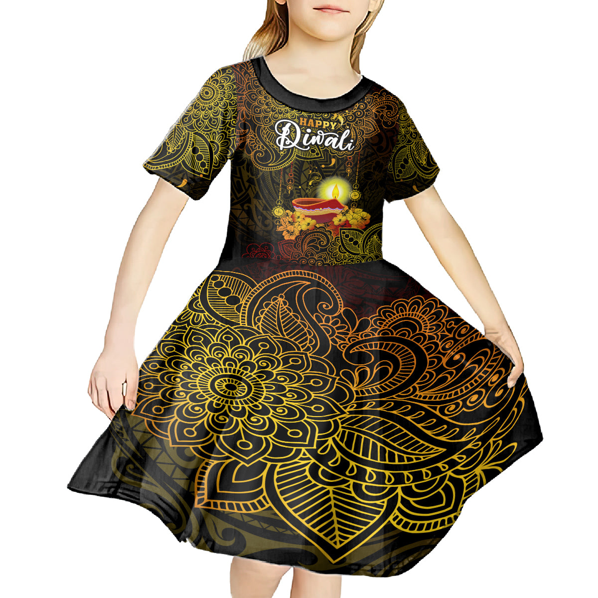 personalized-happy-diwali-festival-kid-short-sleeve-dress-diya-lamp-hibiscus-polynesian-pattern