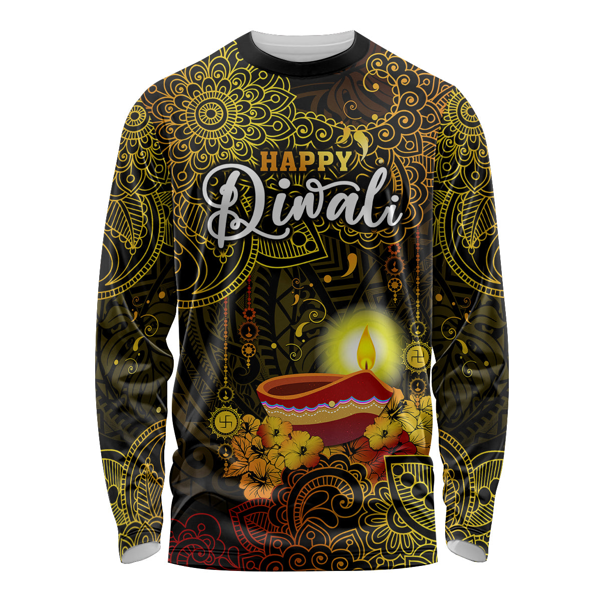 personalized-happy-diwali-festival-long-sleeve-shirt-diya-lamp-hibiscus-polynesian-pattern