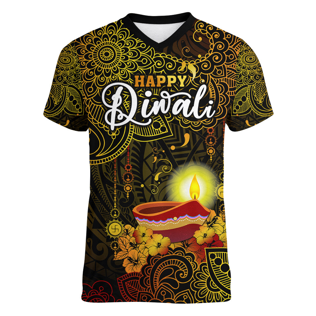 personalized-happy-diwali-festival-women-v-neck-t-shirt-diya-lamp-hibiscus-polynesian-pattern