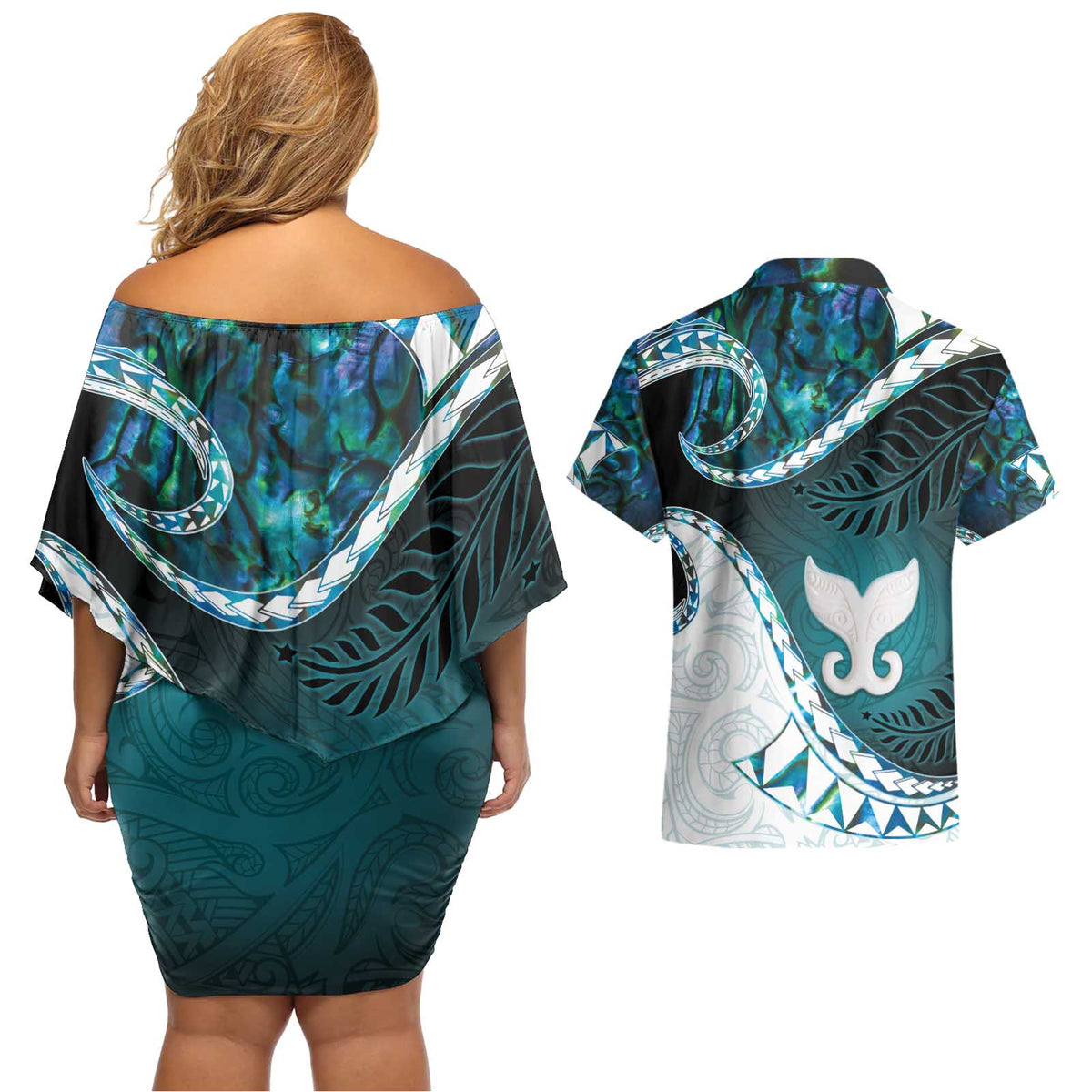 Aotearoa New Zealand Couples Matching Off Shoulder Short Dress and Hawaiian Shirt Maori Wera Paua Shell Teal Glitter LT05 - Polynesian Pride