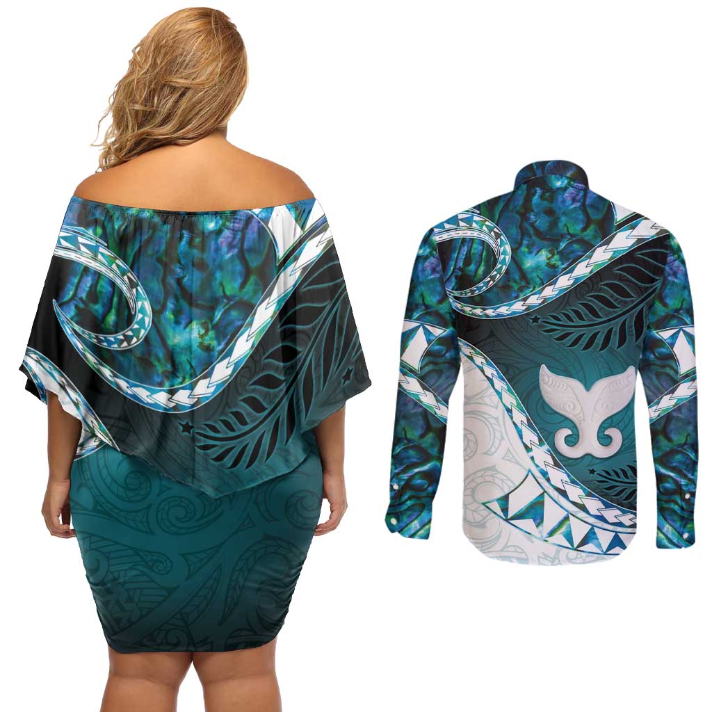 Aotearoa New Zealand Couples Matching Off Shoulder Short Dress and Long Sleeve Button Shirt Maori Wera Paua Shell Teal Glitter LT05 - Polynesian Pride