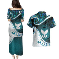 Aotearoa New Zealand Couples Matching Puletasi and Hawaiian Shirt Maori Wera Paua Shell Teal Glitter LT05 - Polynesian Pride
