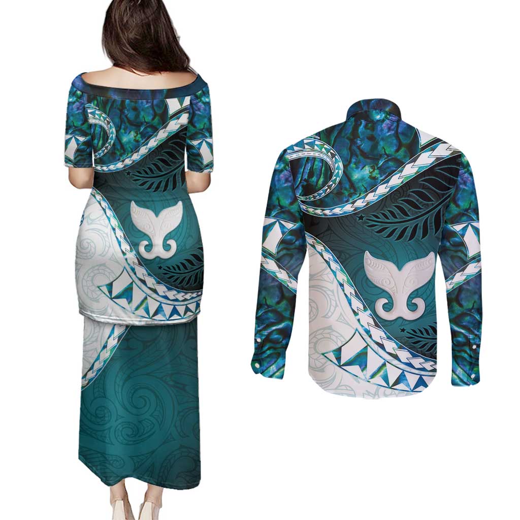 Aotearoa New Zealand Couples Matching Puletasi and Long Sleeve Button Shirt Maori Wera Paua Shell Teal Glitter
