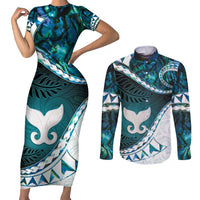 Aotearoa New Zealand Couples Matching Short Sleeve Bodycon Dress and Long Sleeve Button Shirt Maori Wera Paua Shell Teal Glitter LT05 Teal - Polynesian Pride