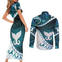 Aotearoa New Zealand Couples Matching Short Sleeve Bodycon Dress and Long Sleeve Button Shirt Maori Wera Paua Shell Teal Glitter LT05 - Polynesian Pride