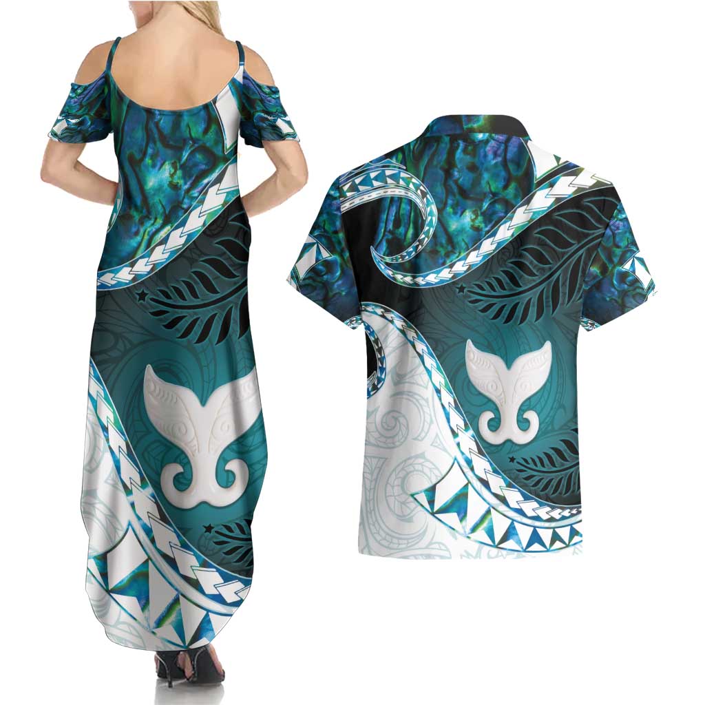 Aotearoa New Zealand Couples Matching Summer Maxi Dress and Hawaiian Shirt Maori Wera Paua Shell Teal Glitter LT05 - Polynesian Pride