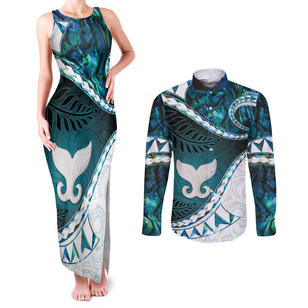 Aotearoa New Zealand Couples Matching Tank Maxi Dress and Long Sleeve Button Shirt Maori Wera Paua Shell Teal Glitter LT05 Teal - Polynesian Pride