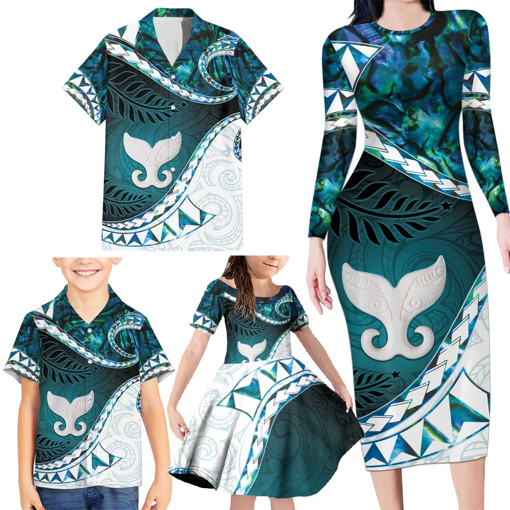Aotearoa New Zealand Family Matching Long Sleeve Bodycon Dress and Hawaiian Shirt Maori Wera Paua Shell Teal Glitter LT05 - Polynesian Pride