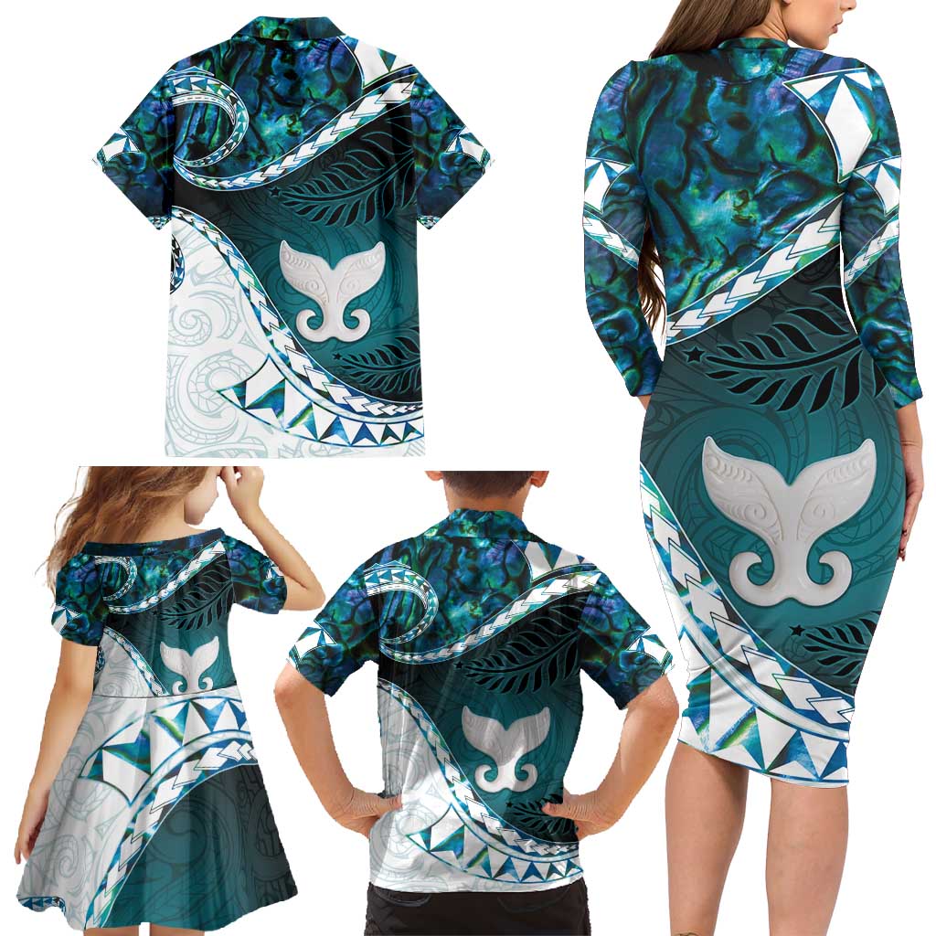 Aotearoa New Zealand Family Matching Long Sleeve Bodycon Dress and Hawaiian Shirt Maori Wera Paua Shell Teal Glitter LT05 - Polynesian Pride