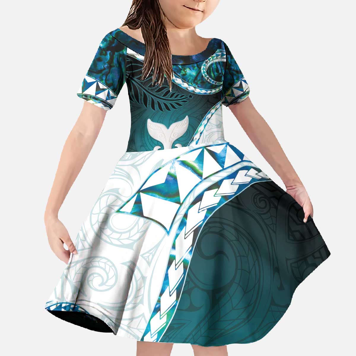 Aotearoa New Zealand Family Matching Off The Shoulder Long Sleeve Dress and Hawaiian Shirt Maori Wera Paua Shell Teal Glitter
