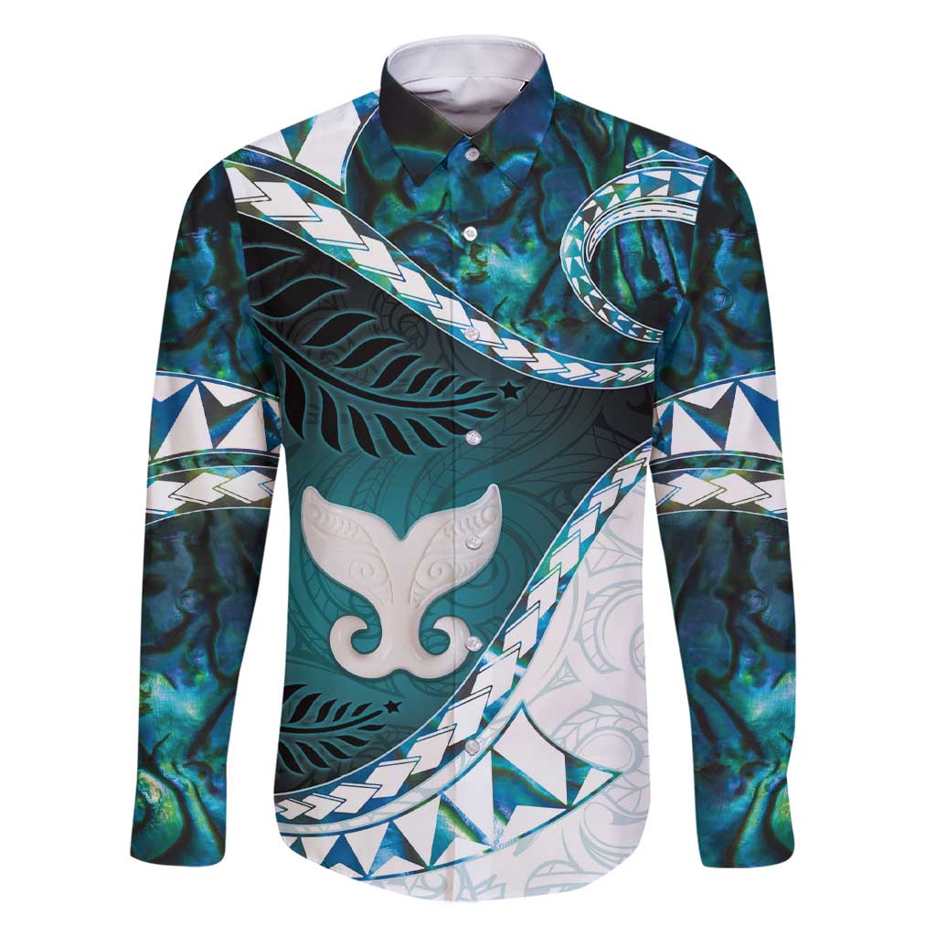 Aotearoa New Zealand Family Matching Short Sleeve Bodycon Dress and Hawaiian Shirt Maori Wera Paua Shell Teal Glitter LT05 Dad's Shirt - Long Sleeve Teal - Polynesian Pride
