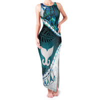 Aotearoa New Zealand Family Matching Tank Maxi Dress and Hawaiian Shirt Maori Wera Paua Shell Teal Glitter
