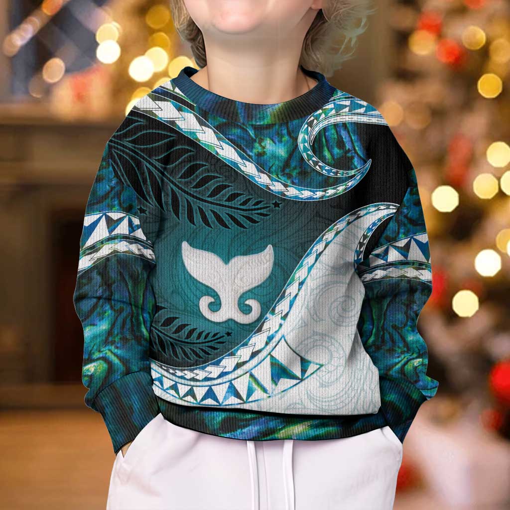 Aotearoa New Zealand Kid Ugly Christmas Sweater Maori Wera Paua Shell Teal Glitter