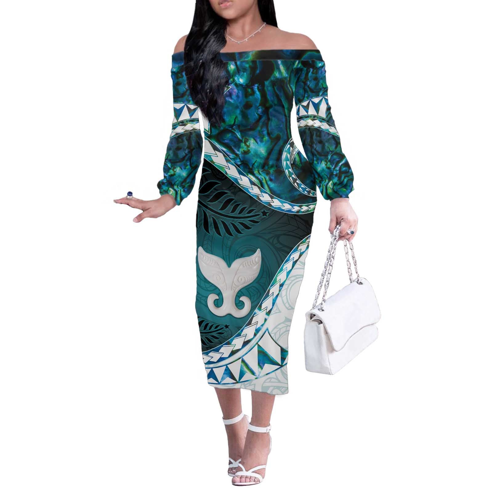 Aotearoa New Zealand Off The Shoulder Long Sleeve Dress Maori Wera Paua Shell Teal Glitter