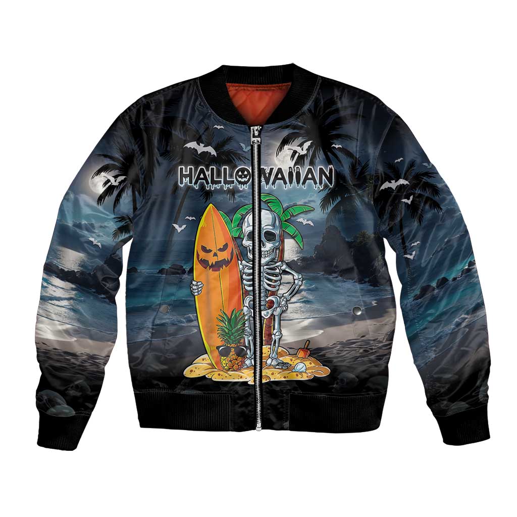 Personalised Hawaii Halloween Bomber Jacket Hallowaiian Skeleton Surf