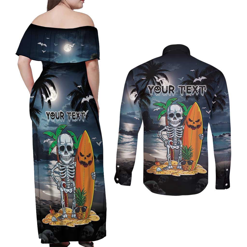 Personalised Hawaii Halloween Couples Matching Off Shoulder Maxi Dress and Long Sleeve Button Shirt Hallowaiian Skeleton Surf